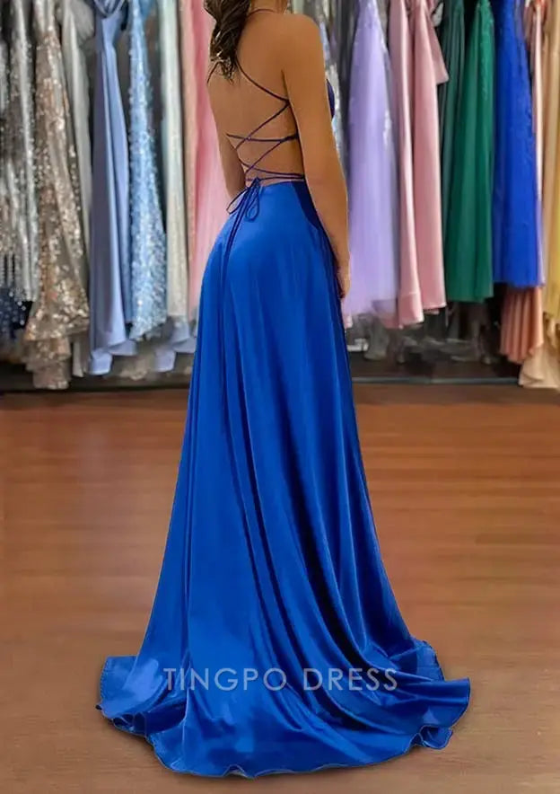 TingPo Wholesale Elegant A-line V Neck Sweep Train Charmeuse Prom Dress with Split